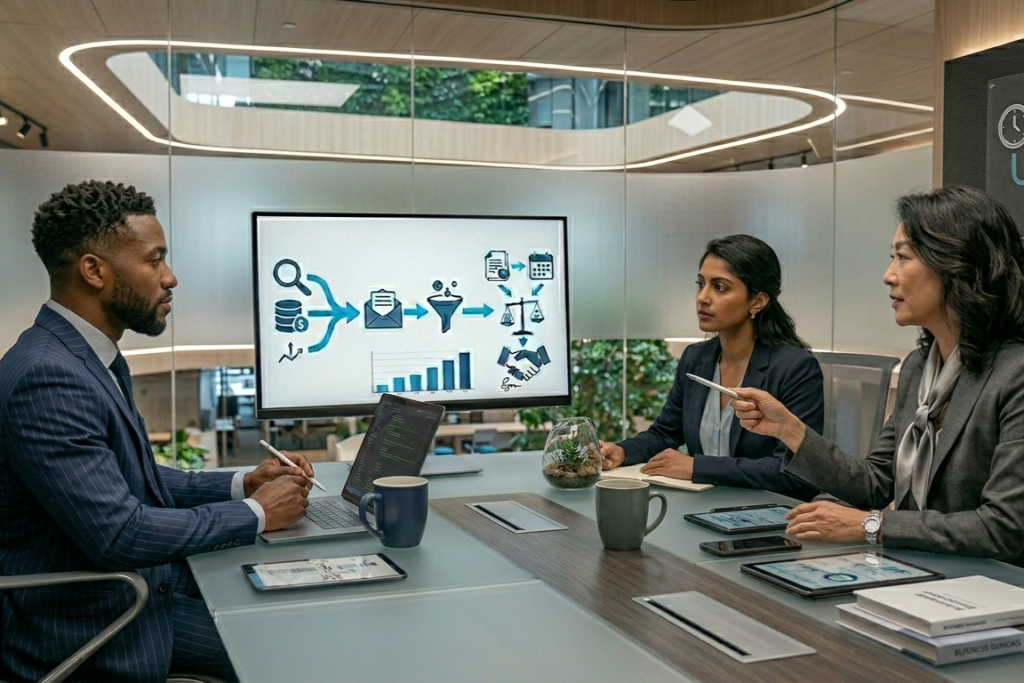 automate sales processes using Sage CRM - Business meeting with data presentation